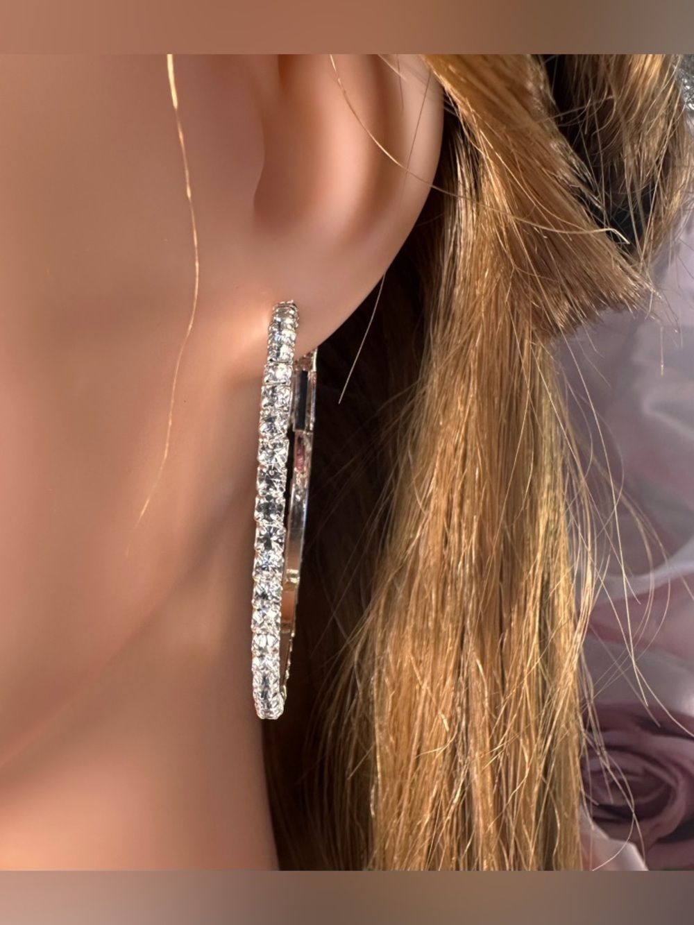 Silver Rhinestone Hoop Earrings Large Statement Sparkle Glam